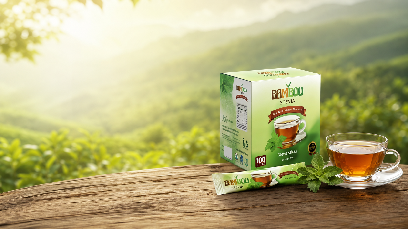 Bamboo Stevia box and tea on a wooden table in a tea field