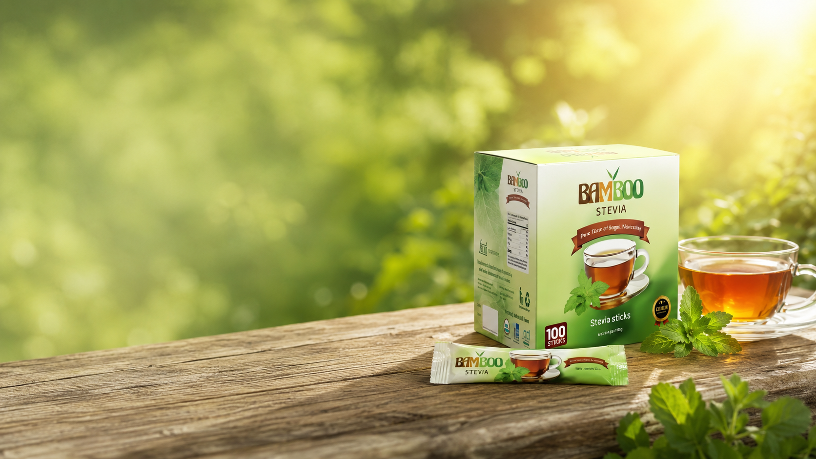 Bamboo Stevia box and tea among green foliage