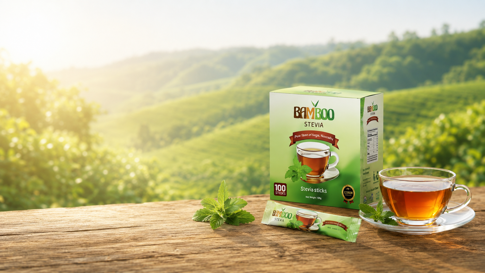 Bamboo Stevia box and tea overlooking tea plantation hills